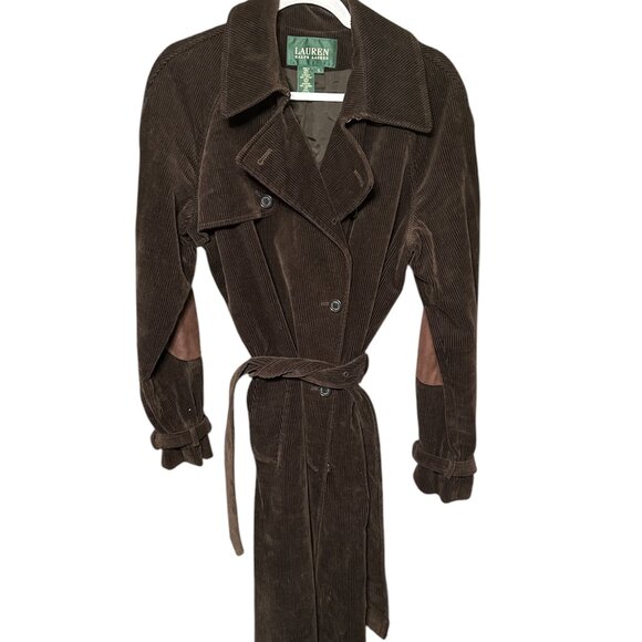 VINTAGE RALPH LAUREN CHOCOLATE BROWN CORDUROY TRENCH COAT LONG JACKET - Picture 1 of 6